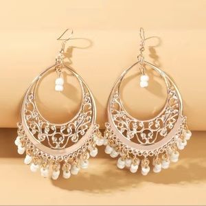 Bohemian Boho earrings brand NEW in plastic bag gold with white beads